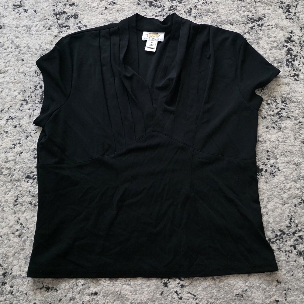 Vintage Talbots Petites Vneck Stretch Blouse Womens M Black Rayon Spandex